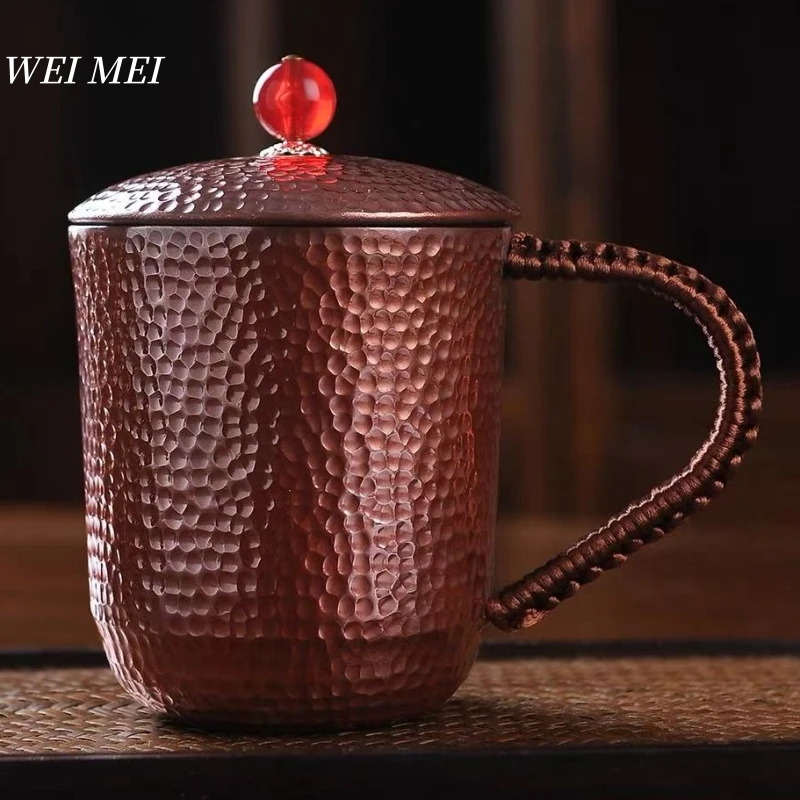

Vintage Copper Coffee Mug,With lid Inlaid Gem 300 ml Breakfast Cup,Handcrafted Exquisite Hammer Texture Woven Home Cup Tableware