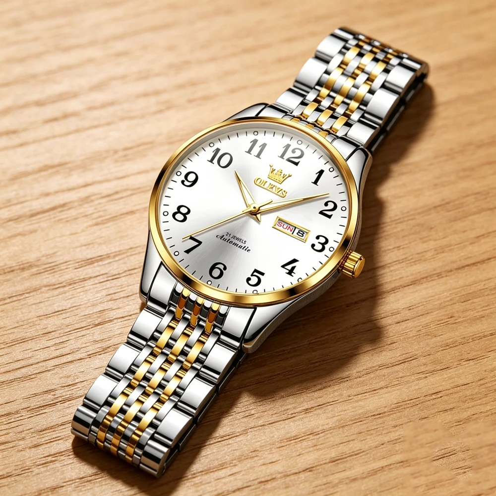 

OLEVS Men Automatic Mechanical Watch Stainless Steel Bracelet Luminous Hand Week Date Business Dress Wristwatch Luxury
