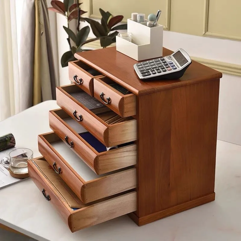 Desktop multi-layer all-solid wood drawer storage box, office storage box, document ID cabinet, shelf data sorting