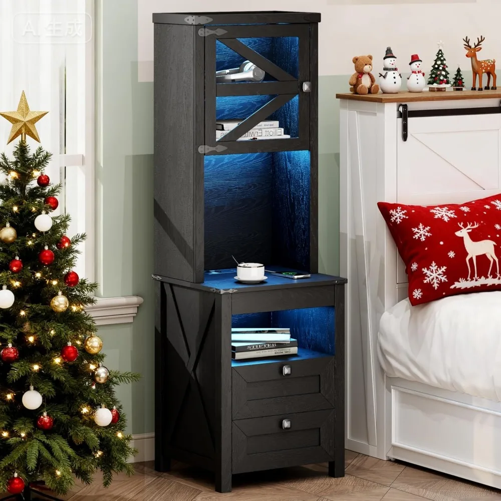 Comodino alto da fattoria con stazione di ricarica, comodino con ripiani, comodino a LED con cassetto per pistola, nero