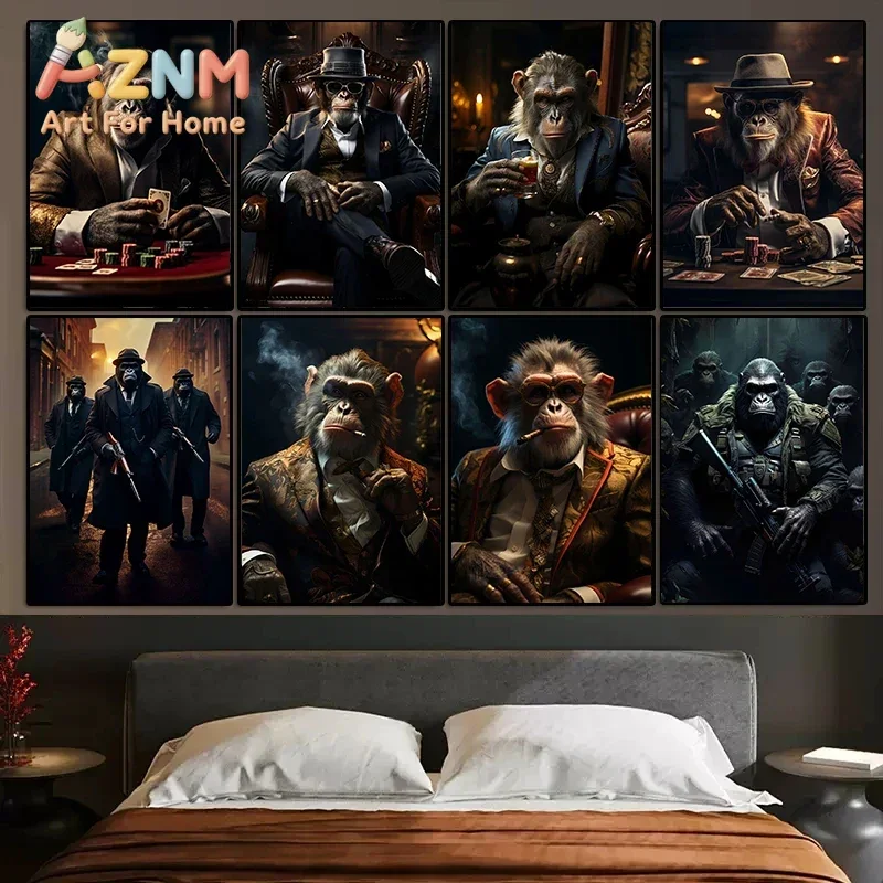 Funny Smoking Monkey Chimpanzee in Suit Gorilla Gangsters Art Poster Prints Canvas Painting Wall Picture Living Room Home Decor