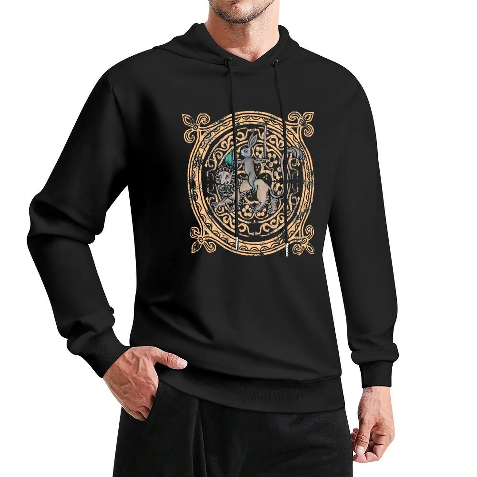 

medieval rabbit rides lion with orange tile background Pullover Hoodie anime clothes hoodie men