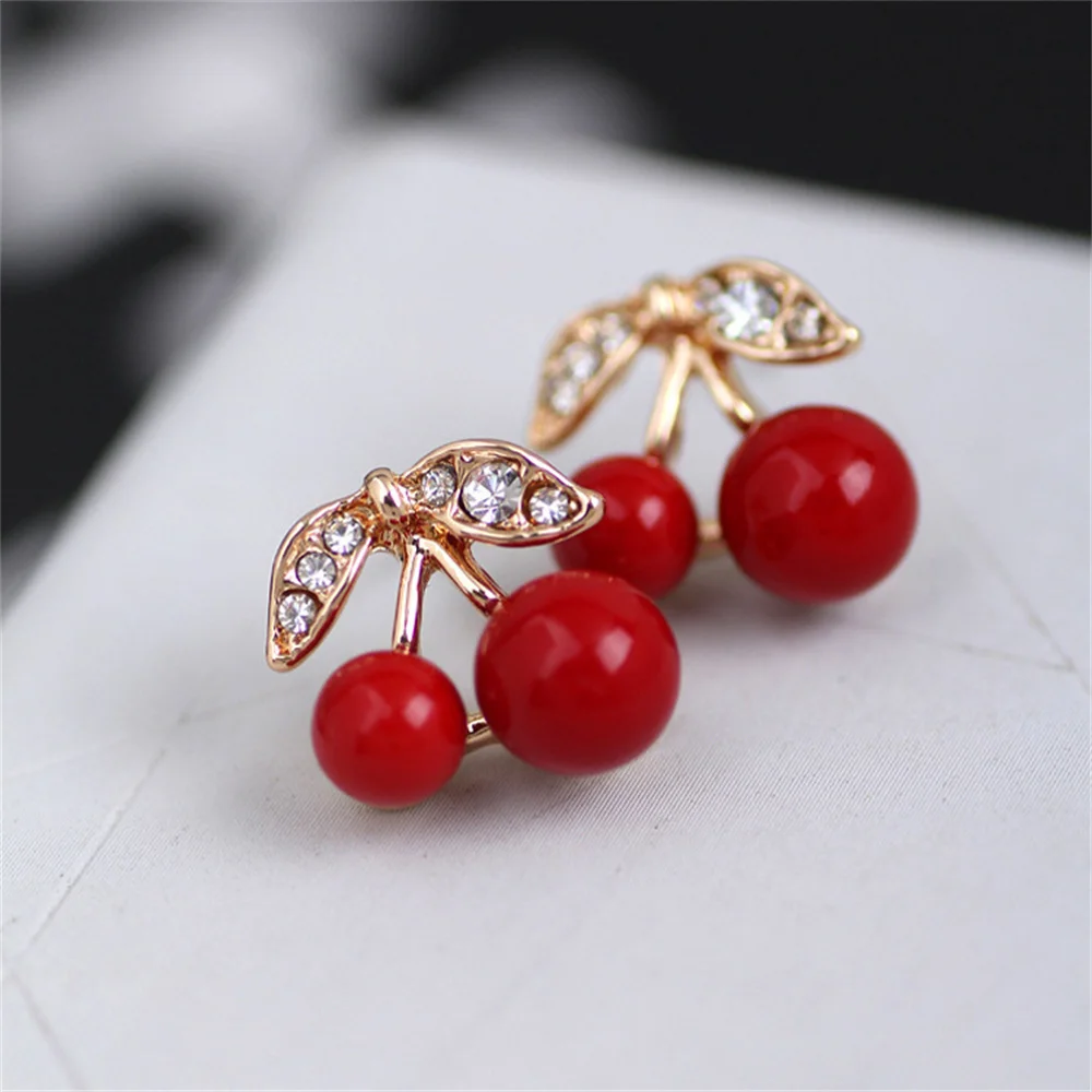 Cute Fashion Red Acrylic Cherry Stud Earrings For Women KPOP Crystal Fruit Earrings Ladies Party Jewelry Ear Accessories