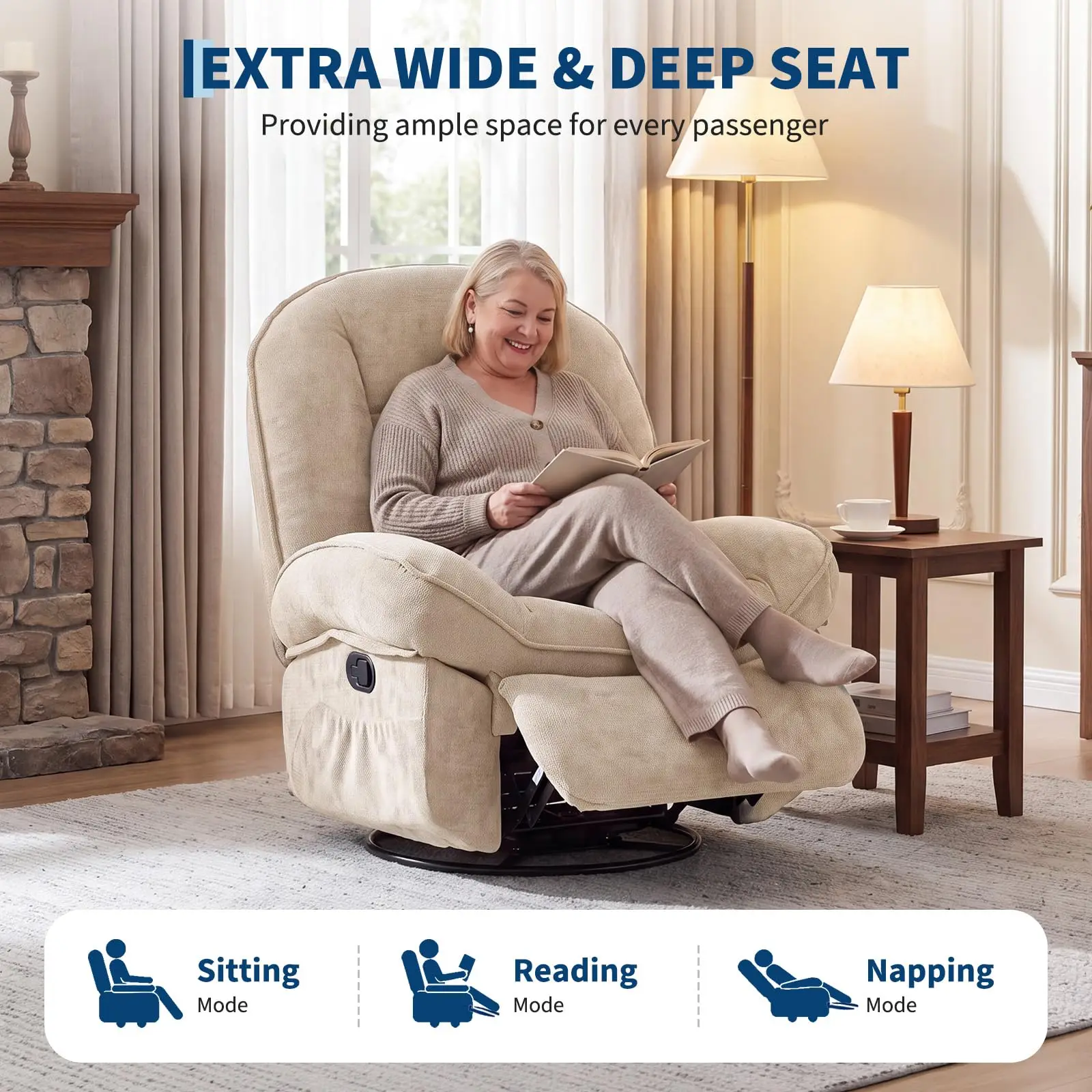 360° Swivel Rocker Recliner Chair with 8 Vibration Massage Points and Heat Oversized Chenille Fabric Glider Reclining Nursery Chair with Side Pockets Armchair for Living Room Bedroom, Gray/Beige