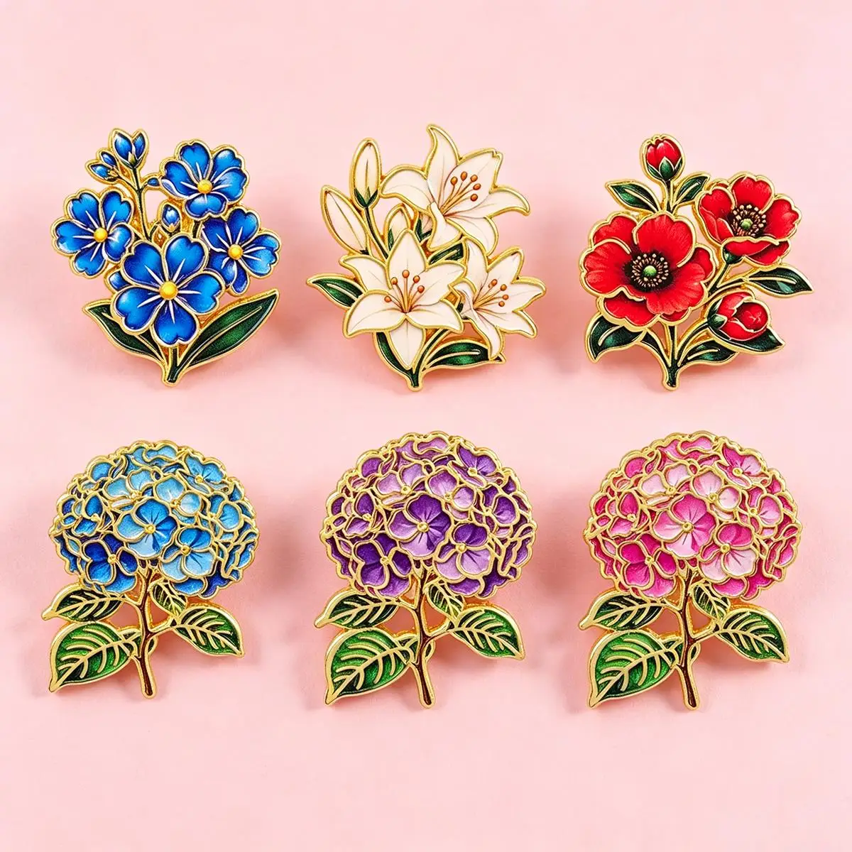 Hydrangea Floral Brooch Lily Red Poppy Flower Metal Enamel Pins Badge on Backpack Clothing Accessories Jewelry Gift for Friend