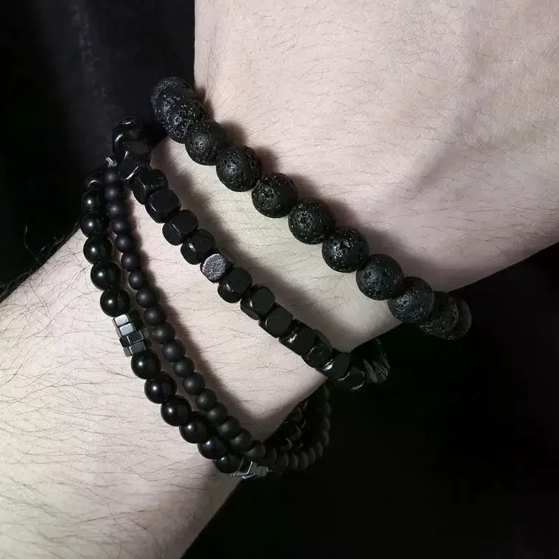 4 Pcs/Set Black Gall Stone Volcanic Stone Wood Beads Multi-layer Men's Combination Elastic Bracelet For Couple Friends Jewelry