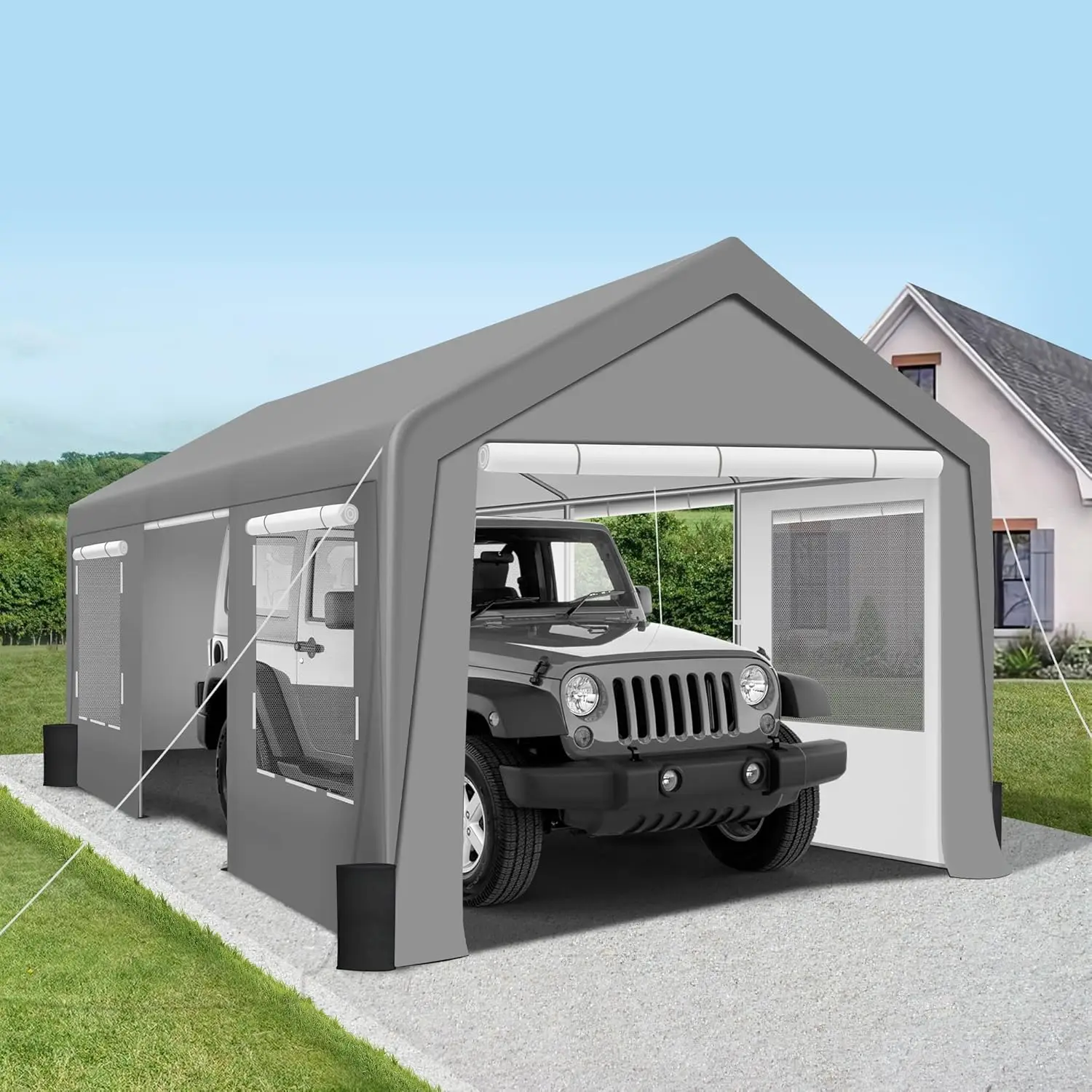 Upgrade 10' X 20' Heavy Duty Carport Extra Large Outdoor Shelter With Roll-Up Ventilated Windows & Side Doors, Portable Garage