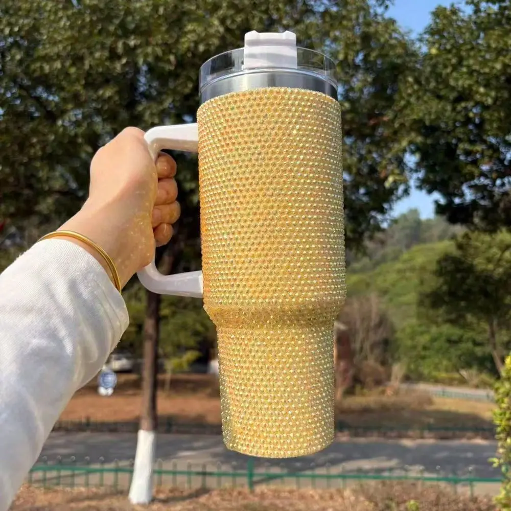 40 Oz Tumbler With Handle And Straw Lid, Studded Bling Diamond Tumbler, Stainless Steel Insulated Water Cup, Double Wall Travel