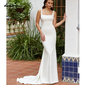 Lakshmigown longo crepe gola quadrada vestidos de casamento sereia trem varredura botão voltar vestido de noiva personalizado