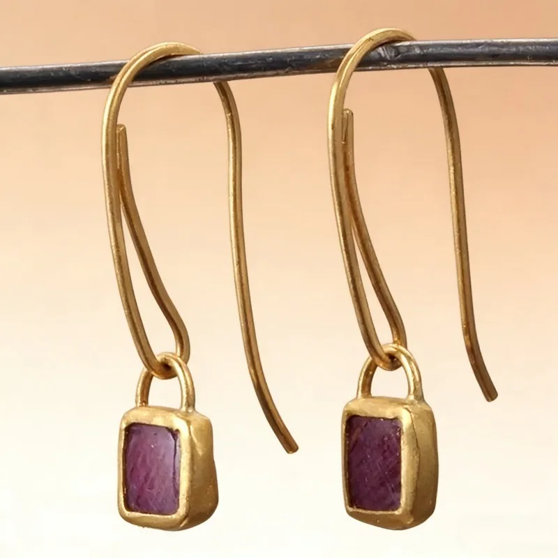 Ethnic Square Purple Stone Hook Earrings Vintage Jewelry Gold Color Metal Geometry Long Dangle Earrings for Women