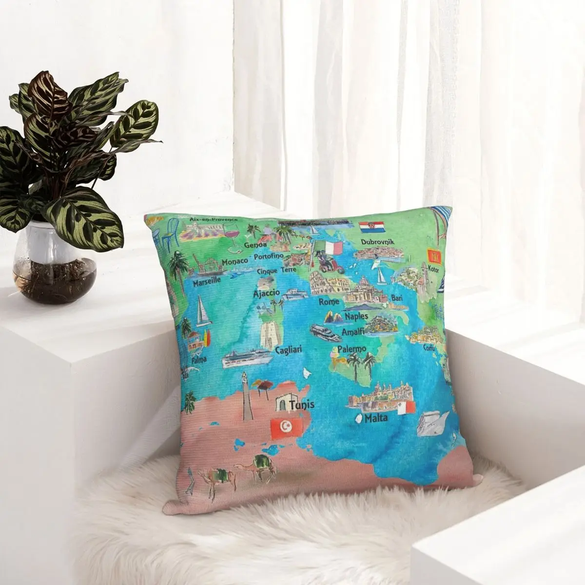 Mediterranean Cruise Travel Poster Map Spain Italy Greece Palma Ibiza pillowcase printed cushion cover sofa waist pillow