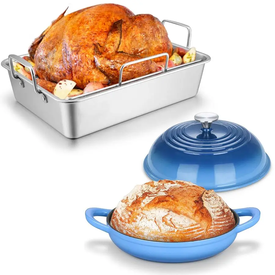 

Pan with Rack amp Bread Dutch Oven for Sourdough Baking, Joyfair Roaster Pan and Vrack for Toaster Oven, Enameled Cast Iron Dutc
