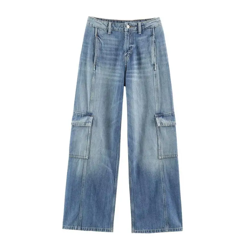Withered American Retro Fashion Streetwear Multi Pocket Mid Waist Workwear Jeans Women's Denim Pants Women's Jeans Woman Clothes