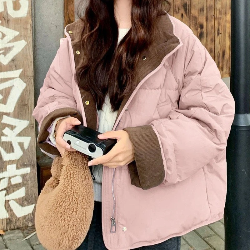 

Korean Color-blocking Cotton-padded Jacket Women Early Spring 2025 New Parkas College Stand-up Collar Coat Short Women Outwear