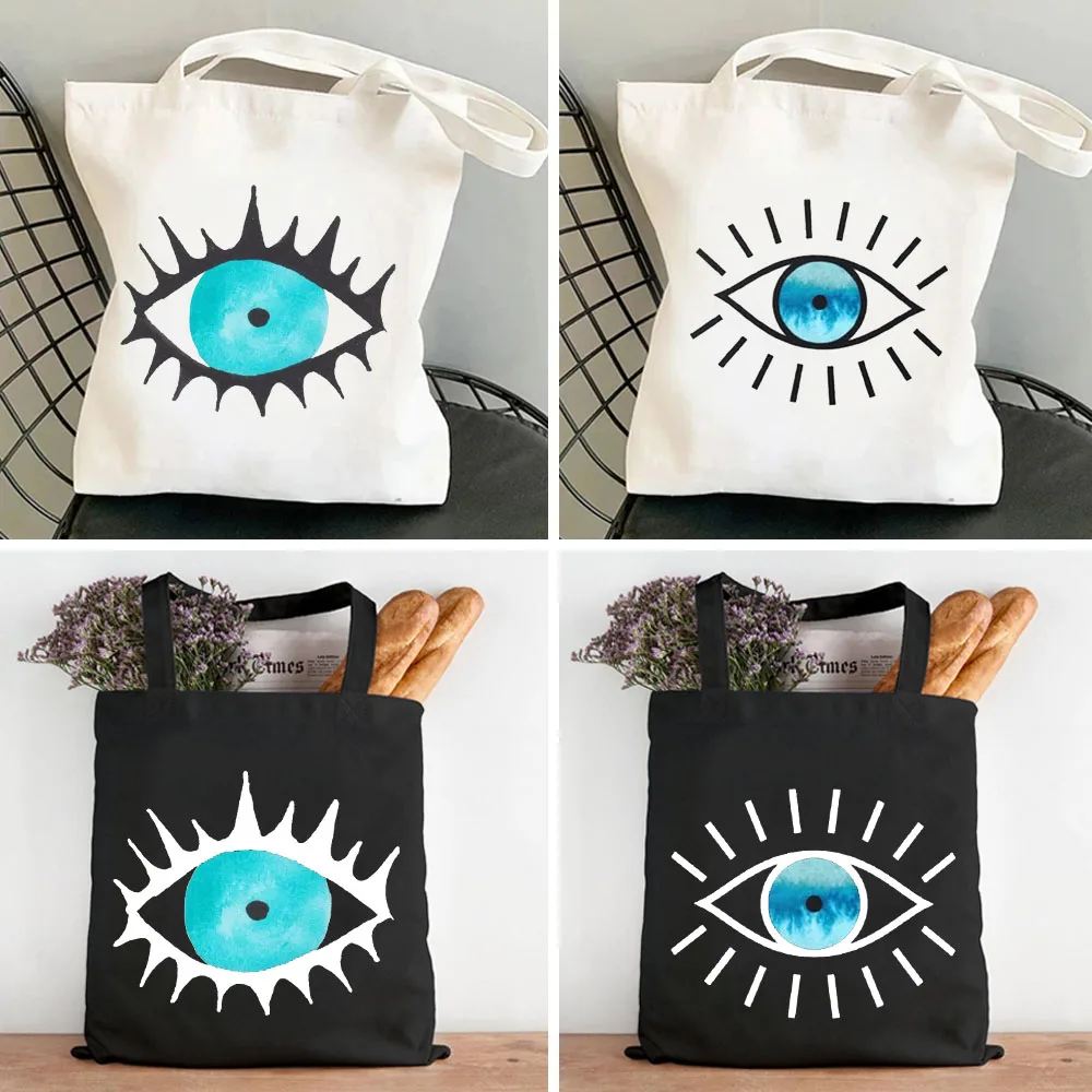 Psychedelic Evil Eye Blue Green Yellow Red Pink Colorful Women Canvas Shoulder Harajuku Handbags Totes Eco Shopper Shopping Bags