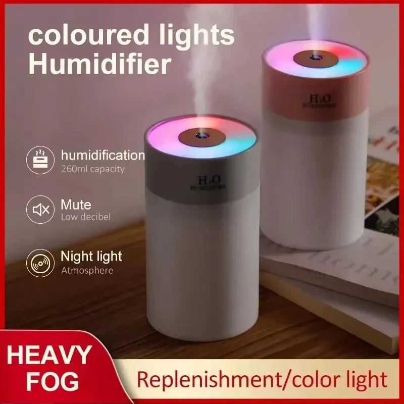 Humidificador USB luminoso para el hogar, 260ml portátil de luz nocturna, pequeño suplemento de agua, humidificación de aire en aerosol para coche