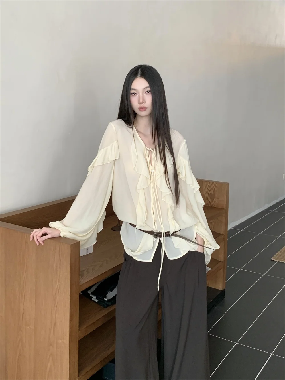 CHEERART Ruffles V Neck Tie Front Blouse For Woman Sheer Lantern Long Sleeve Top Fall Fashion Chiffon Blouses 2025 Clothing