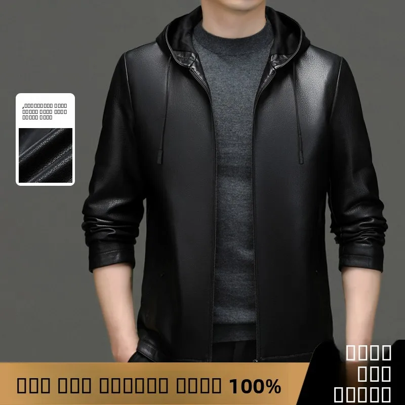 

Real Deer Skin Leather Jaet Men's Autumn Winter Hooded Dstring Warm Coat Faion Urban Sle Busin Casual Long Sve