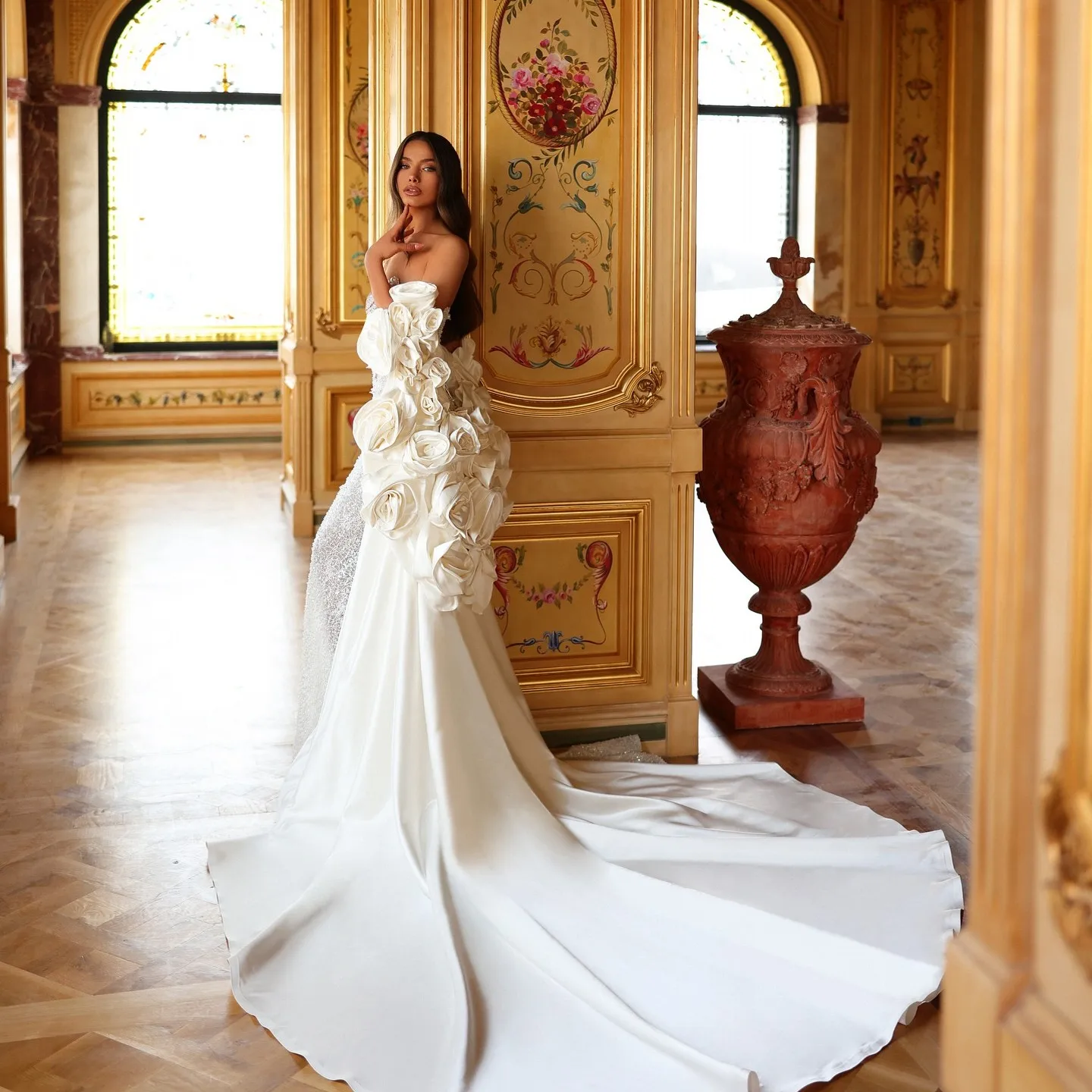 

Couture 3D Flower Long Wedding Bicep Cape Bloom Bridal Jacket Formal Women Cloak Long Outerwear