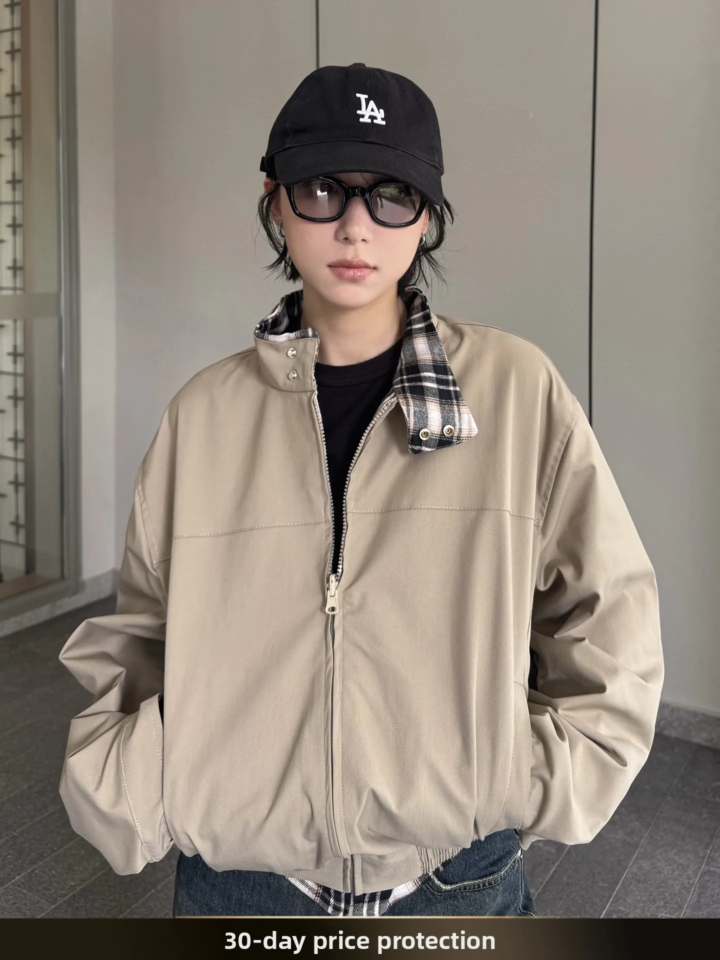 

Nted American Retro Plaid Patchwork Stand Collar ort Men's Jaet Autumn Cleanfit Workwear Jaet Youth Faion Polyester