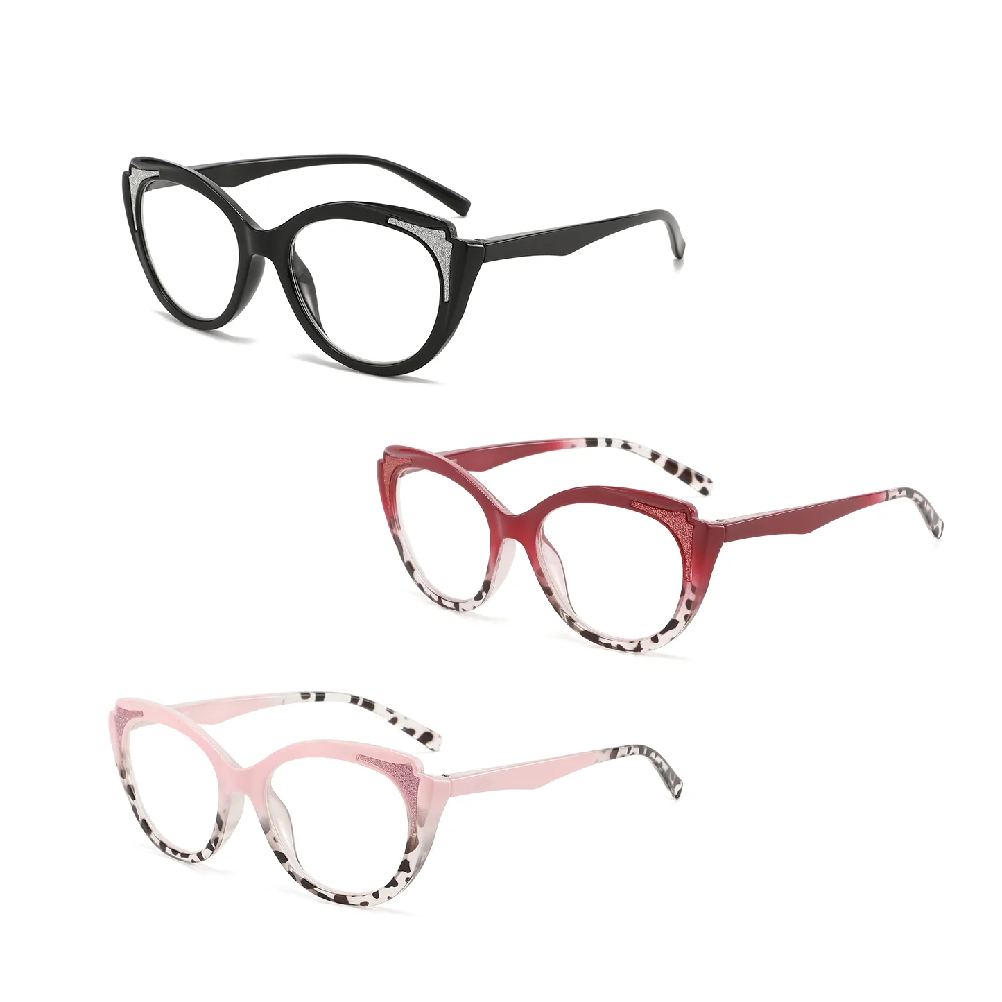 3PCS Cat Eye Gradient Color Glasses Frame for Presbyopia Lightweight with Spring Hinges No Pinching Head