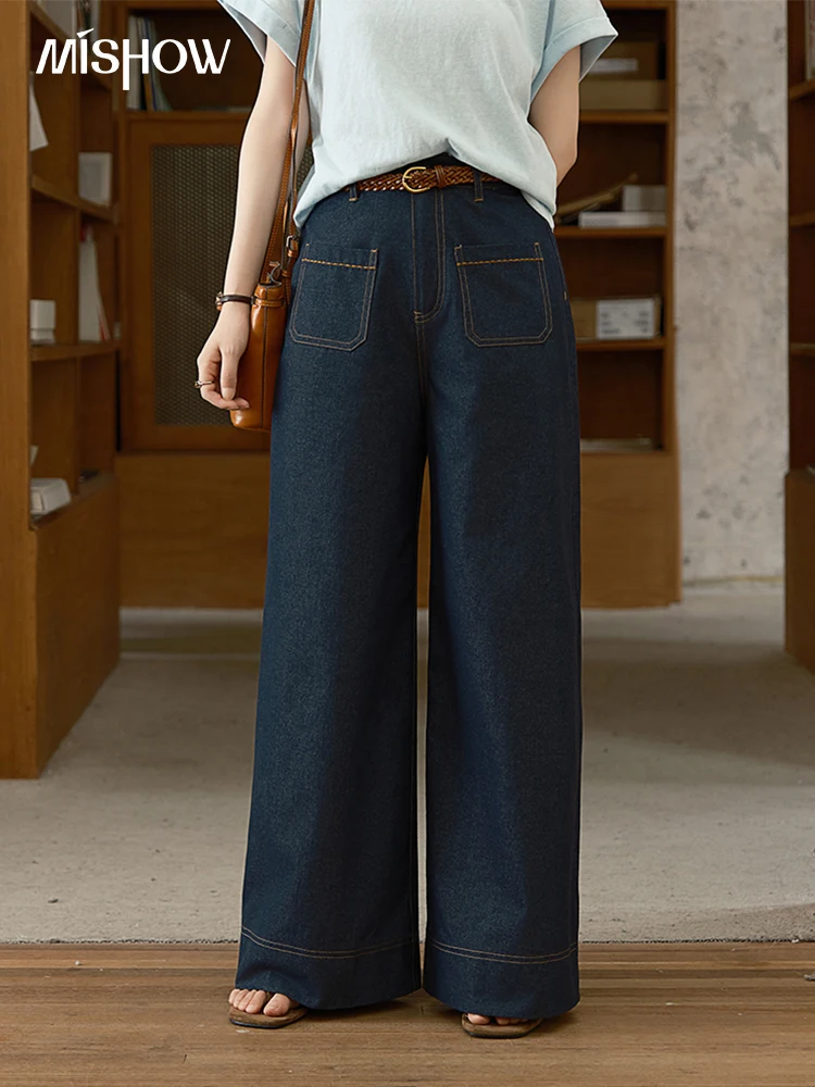 

MISHOW Women's Retro Denim Wide Leg Pants Summer New 2025 High Waist Loose Deep Blue Straight Jeans Women's Clothing MXE37K0950