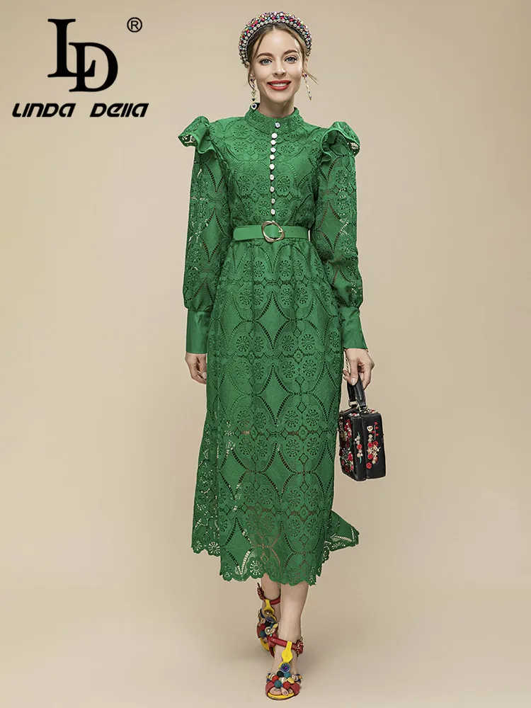 LD LINDA DELLA 2023 New Designer Summer Green Long Dress Women Lantern sleeve Belted hollow out Embroidery Vintage Party Dress