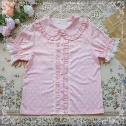 Kawaii Lolita Blouses Women Sweet Bow Lace Peter Pan Collar Polka Dot Print Shirt Top Soft Girl Puff Short Sleeve Chiffon Blouse