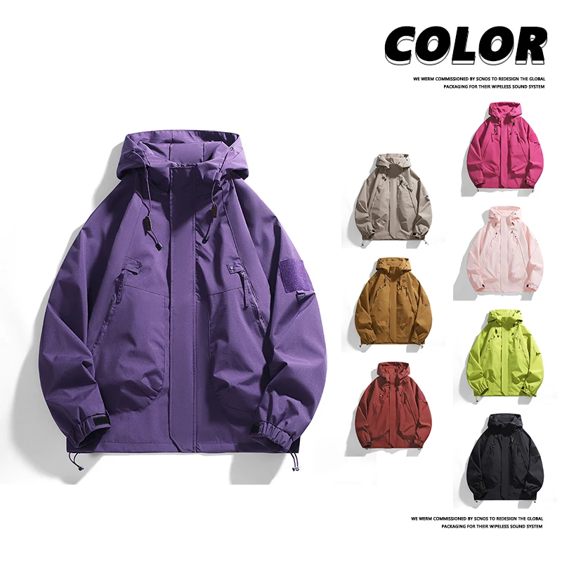 Women Men Hooded Windbreaker Jacket 100% Polyester Windproof Loose Streetwear Coat Outdoor Hiking Camping Multi‑Colors Outerwear