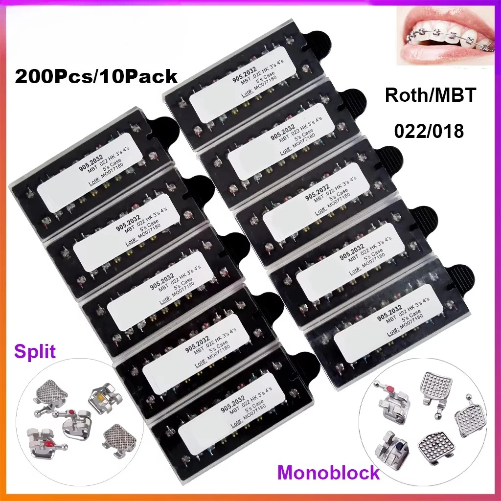 200pcs/10Packs Dental Orthodontic Metal Brackets Braces Mini Roth MBT 022 018 Slot Hock 345 Ortho Bracket