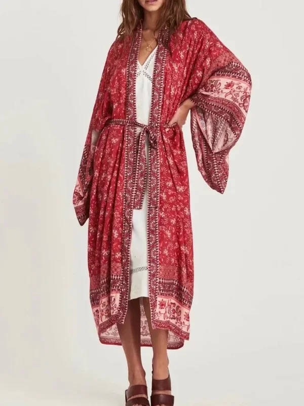 Vintage Chic Women Floral Print Batwing Sleeve Beach Bohemian Kimono Dress Ladies V Neck Summer Boho Robe Cover-ups Vestidos