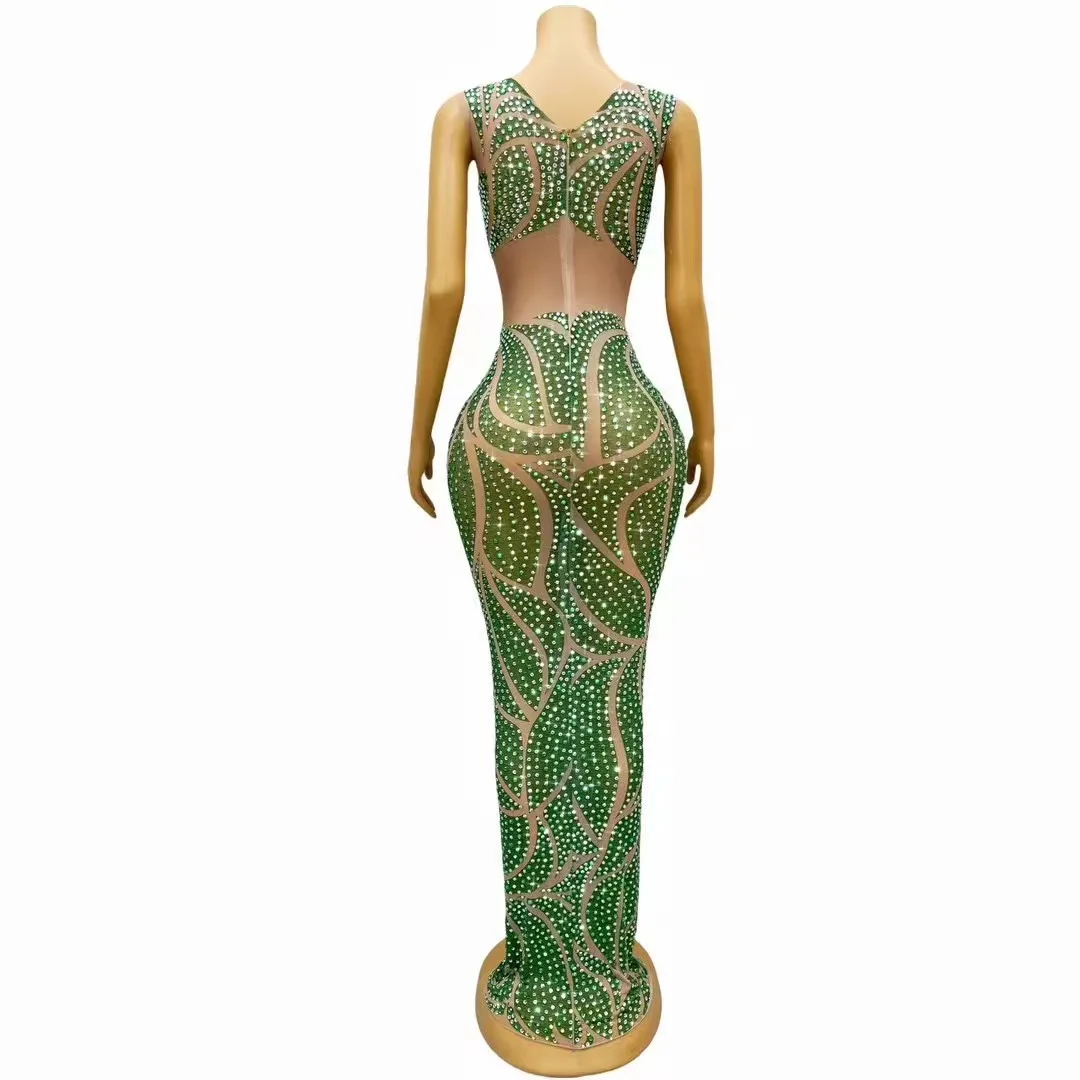 Sexy Designed Blingbling Green Rhinestones Mesh Dress Women Evening Cocktail Party Red carpet Stage Perform Photoshoot Costume