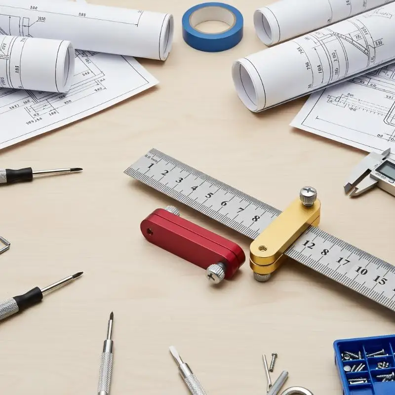 Przymiar traserski do obróbki drewna z blokiem pozycjonującym - precyzyjna linijka i rysik do pomiarów i regulacji w stolarstwie