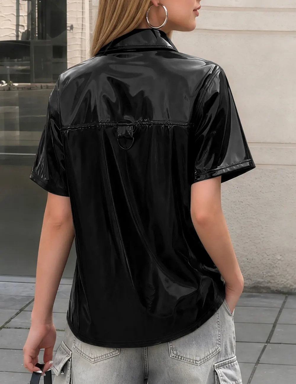 Women's Shiny Patent Leather Short Sleeve Button Up Shirts Casual Loose Pocket Shirt Jacket Streetwear Tops PU Leather Biker Y2K