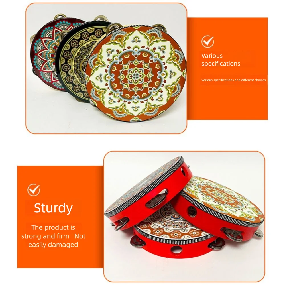 Wooden Floret Hand Drum Chinese Style 8 Inch Tambourine Handbell Single Row Floral Pattern Music Percussion Instrument