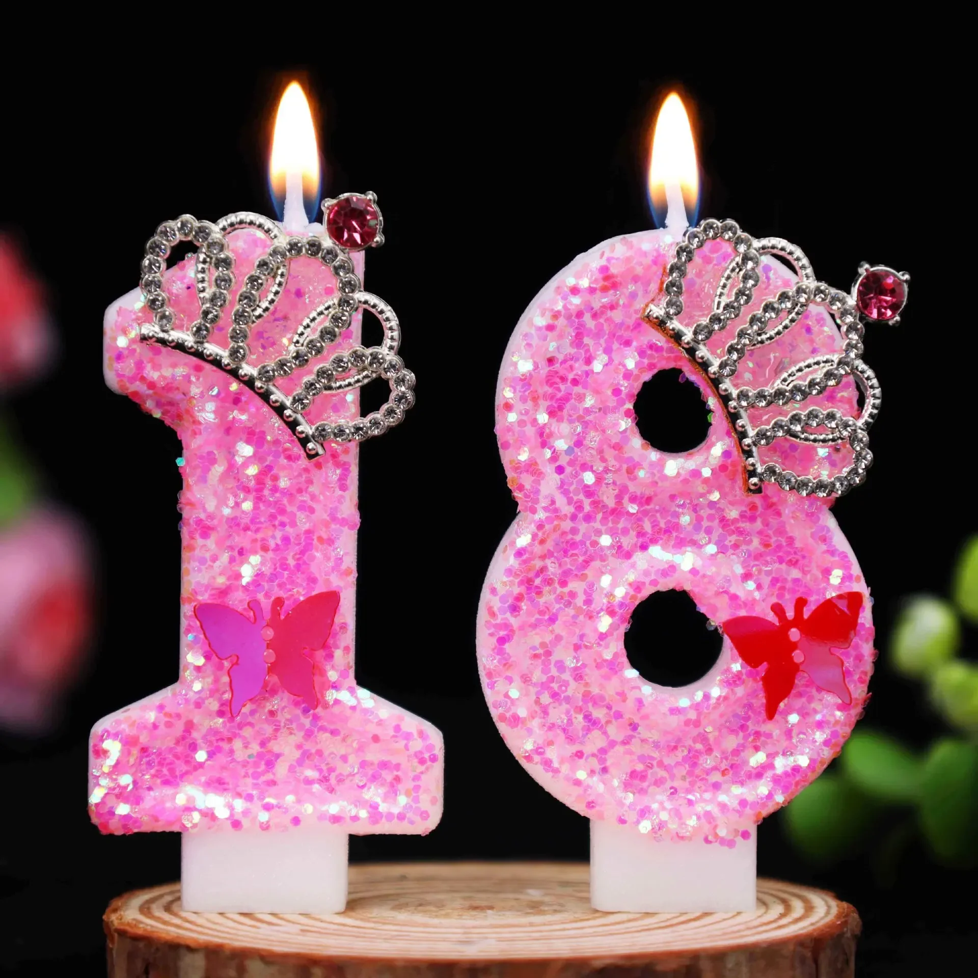 Pink sparkling digital birthday candle with rhinestone crown and butterfly decoration, princess themed cake decoration