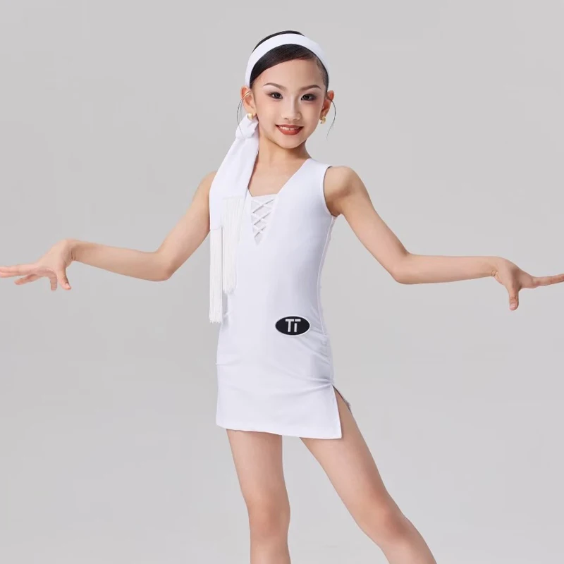 Robe de concours de danse latine sans manches, 4 couleurs, pour filles, Rumba, robes de spectacle de danse latine, Costumes de danse pour enfants SL13402