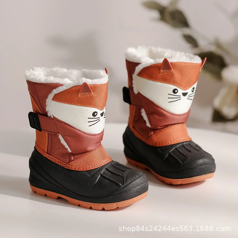 

2025 New Winter Children's Cartoon Fox Boots Fleece Warm Waterproof Non-Slip Cute Kids Cotton Snow Shoes