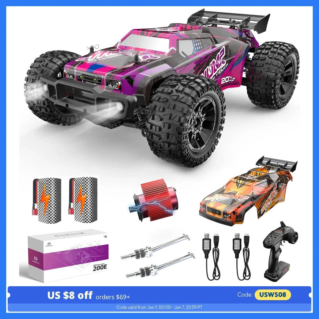 DEERC 200E 1:10 3S Brushless RC Car: 4WD, 60 KM/H, LED, All-Terrain, Off-Road, 2 Batteries.