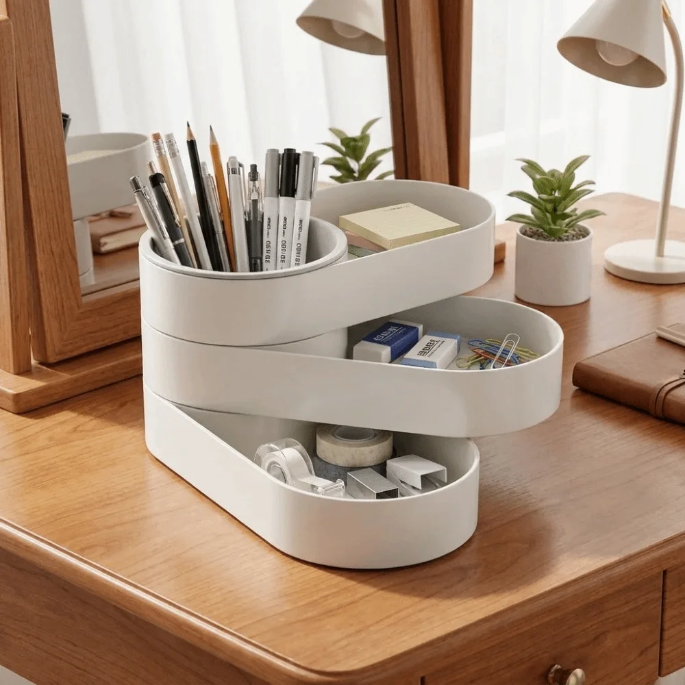 360° Rotating Multi-Layer Storage Box Large Capacity Minimalist Makeup Brush Storage Bucket Plastic Desk Organizer