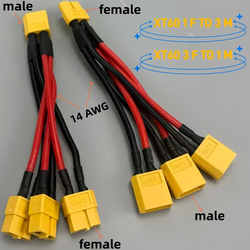 RC Model XT60 Parallel Extension Cable 3-Way Y Splitter 14AWG Silicone Wire Male/Female Connector