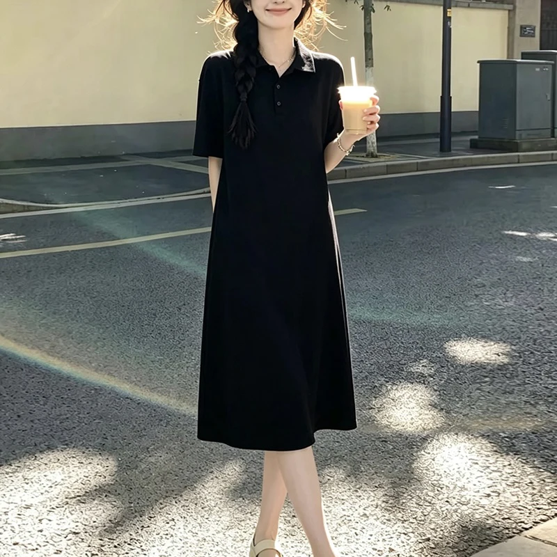Black Cotton Casual Printed Dress  Collar Slimming Short Sleeve Knee-Length A-Line Skirt Style Summer New Fashion Women's...