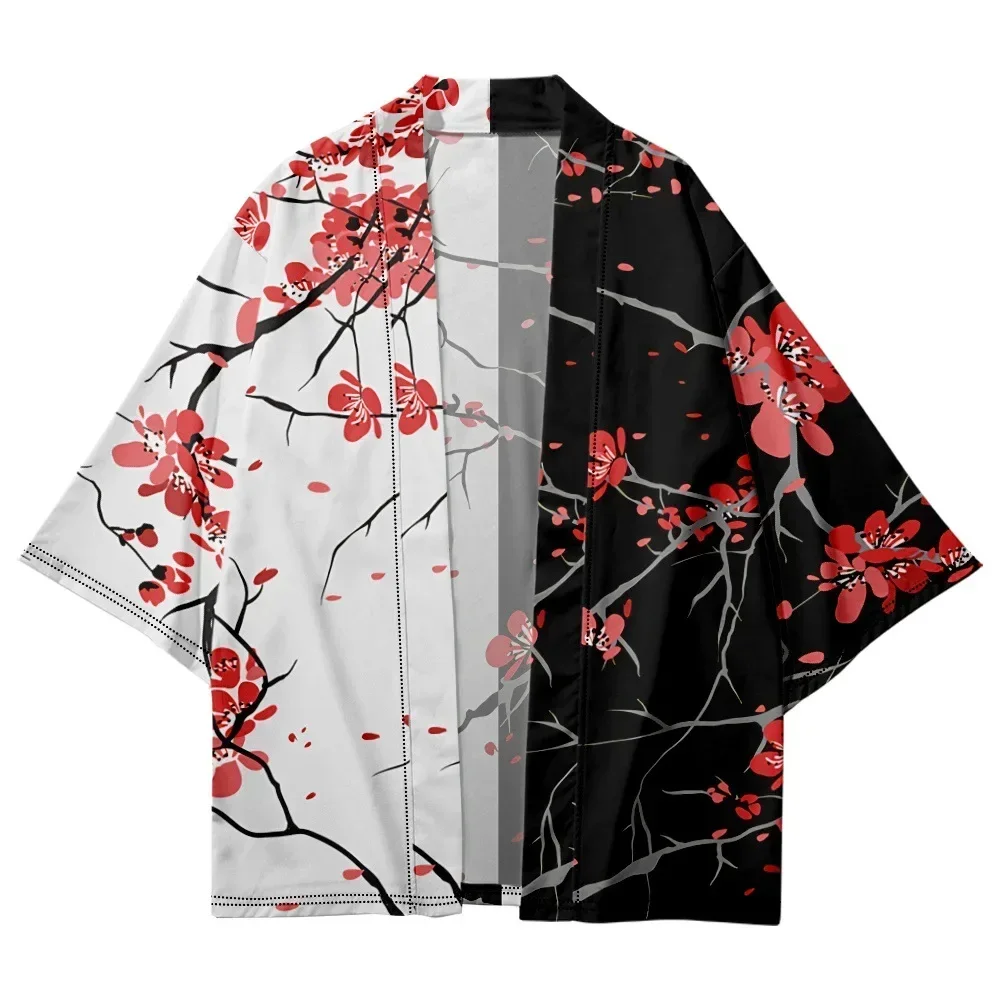 Traditional Japanese Clothing Kimono Men's and Women's Haori Cardigan Red Printed Yukata, Black and White Beach Cardigan