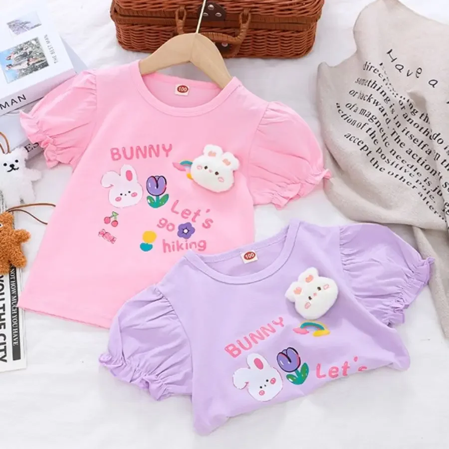 Children's Summer Short Sleeve Top 2025 New Style Girl's T-Shirt With Cute Bunny 3D Plush Design