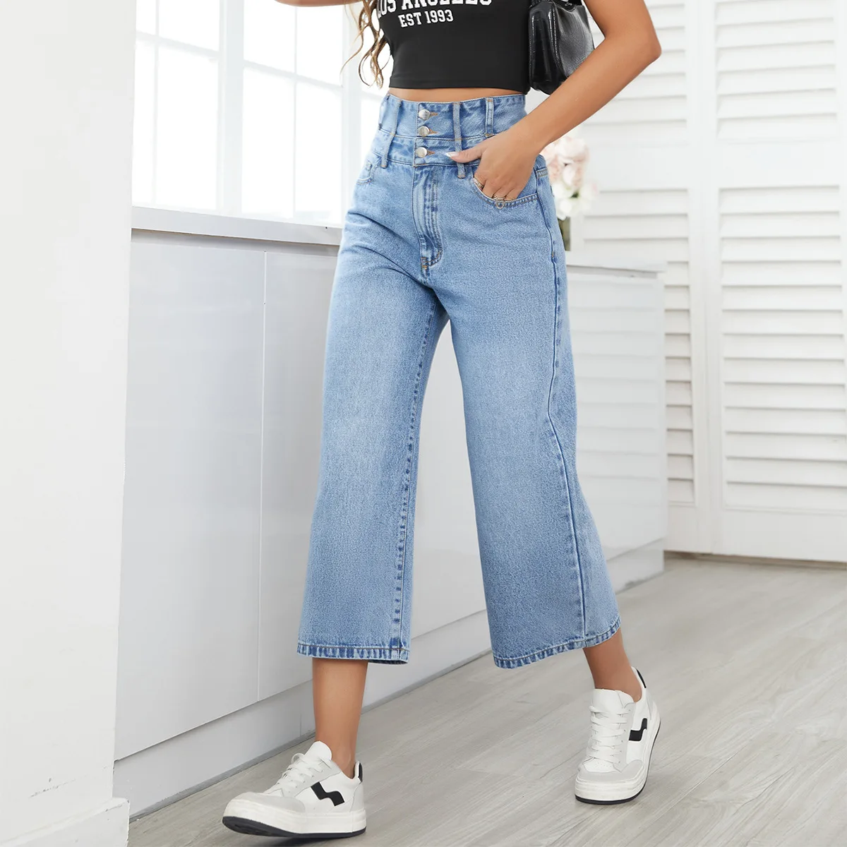 Calf Length Straight Pants Women Jean Denim Spliced Pockets High Waist Loose Fit Vintage Washed Casual Basics 2024 Button