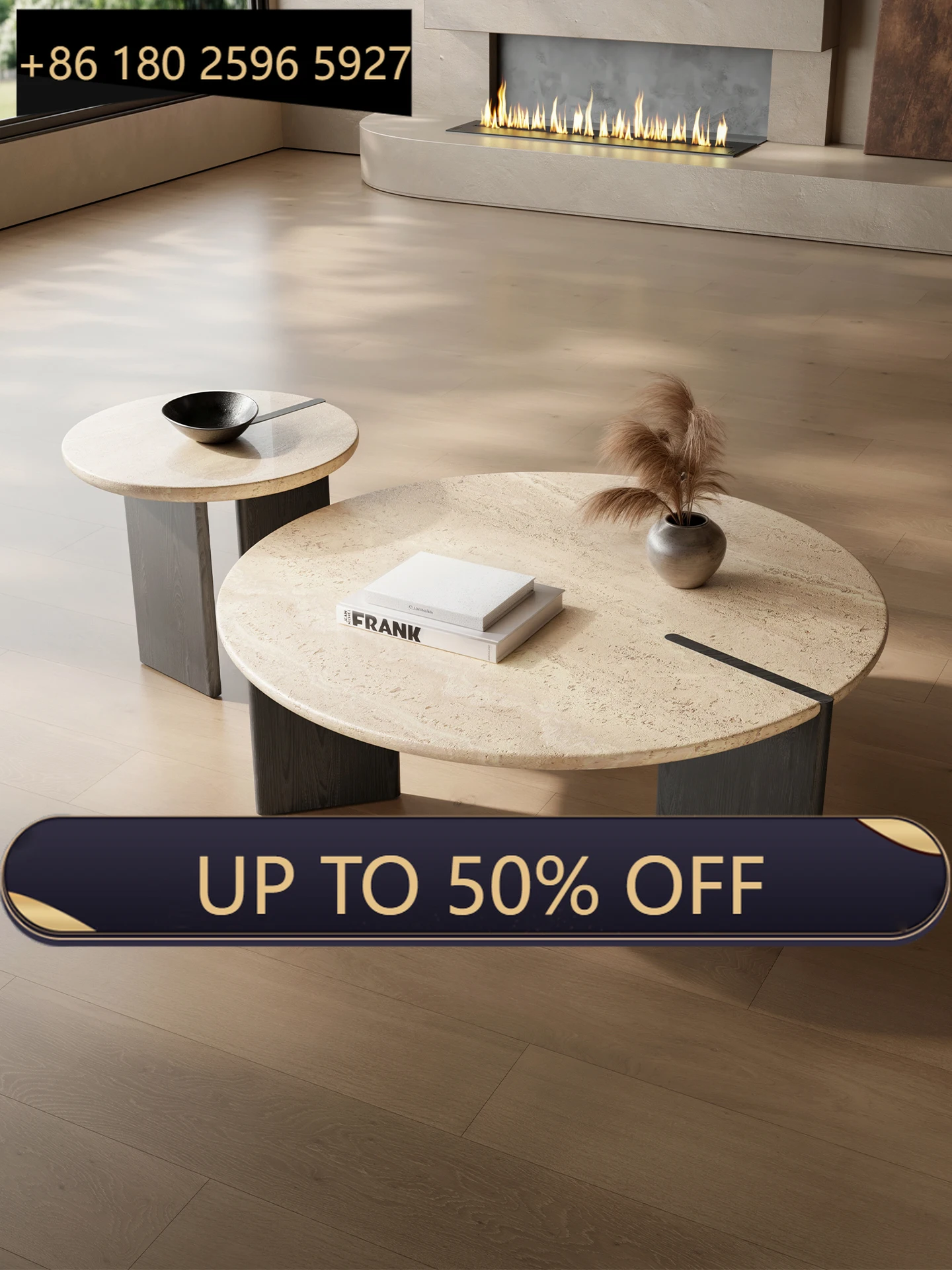 Handcrafted natural travertine coffee table with a vintage round base and marble top, perfect for a luxurious living room.