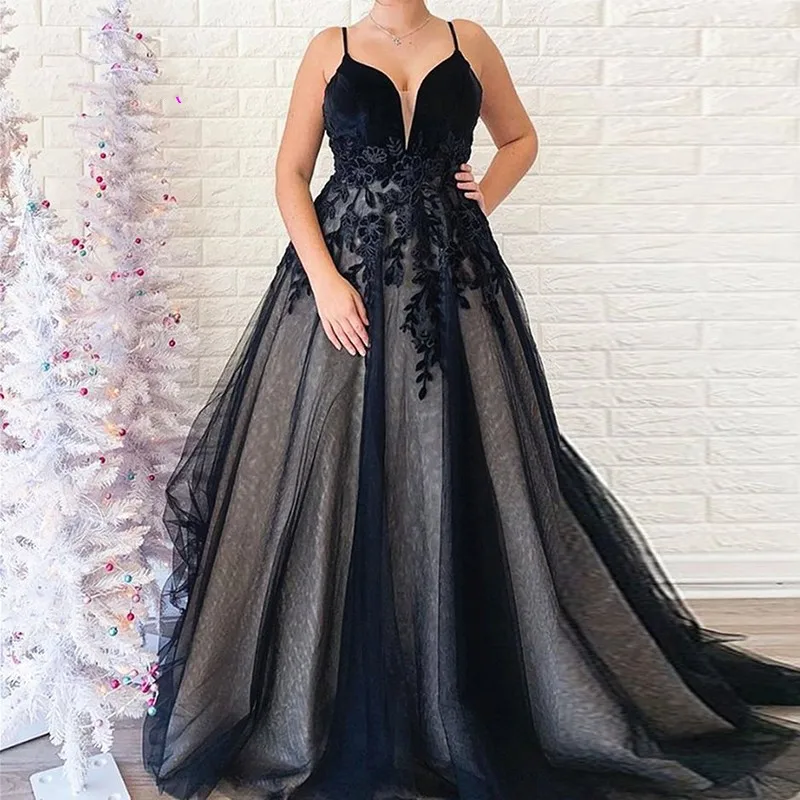 Sexy Black Prom Dresses Spaghetti Straps A Line Lace Appplique Tulle Formal Evening Gowns For Woman Open Back Vestidos De Gala