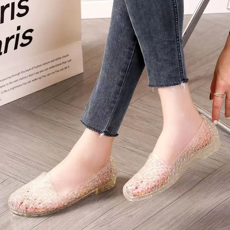 Baotou-Sandales en MSI de cristal creux pour femmes, chaussures de plage, chaussures de diversification, semelle souple, coordonnantes, semelle plate, été, nouveau, 2024