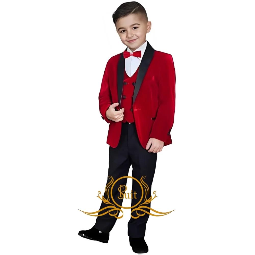 Boys Velvet Suit 3 Piece Tuxedo Formal Jacket Pants Vest Set Suits for Wedding Prom Party Dinner