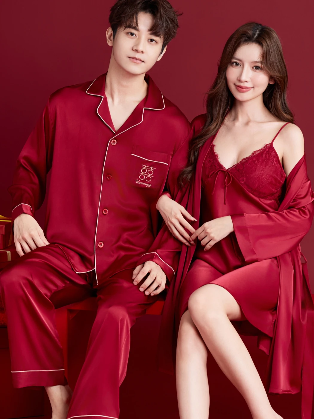 wedding-couples-pajamas-set-red-ice-silk-morning-robe-women's-bride-high-end-silk-with-chest-pad-luxury-spwear-home-clothes